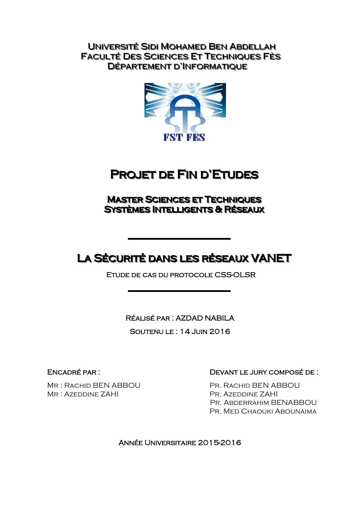 La Sécurite dans les réseaux vanet: Etude de cas du protocole CSS-OLSR