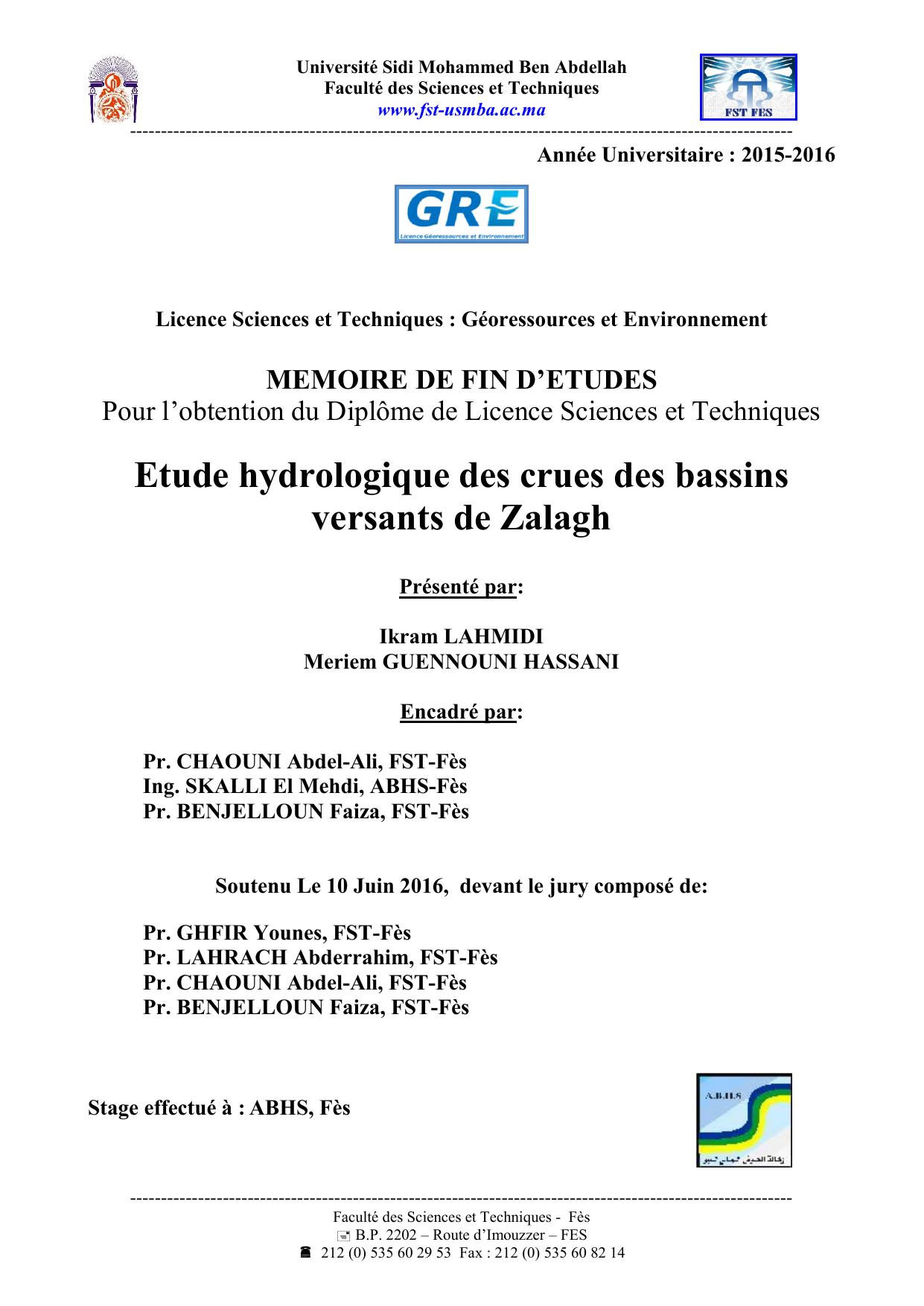 Etude hydrologique des crues des bassins versants de Zalagh