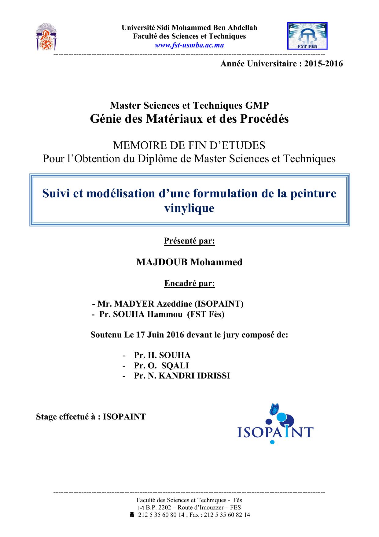 Suivi et modélisation d’une formulation de la peinture vinylique