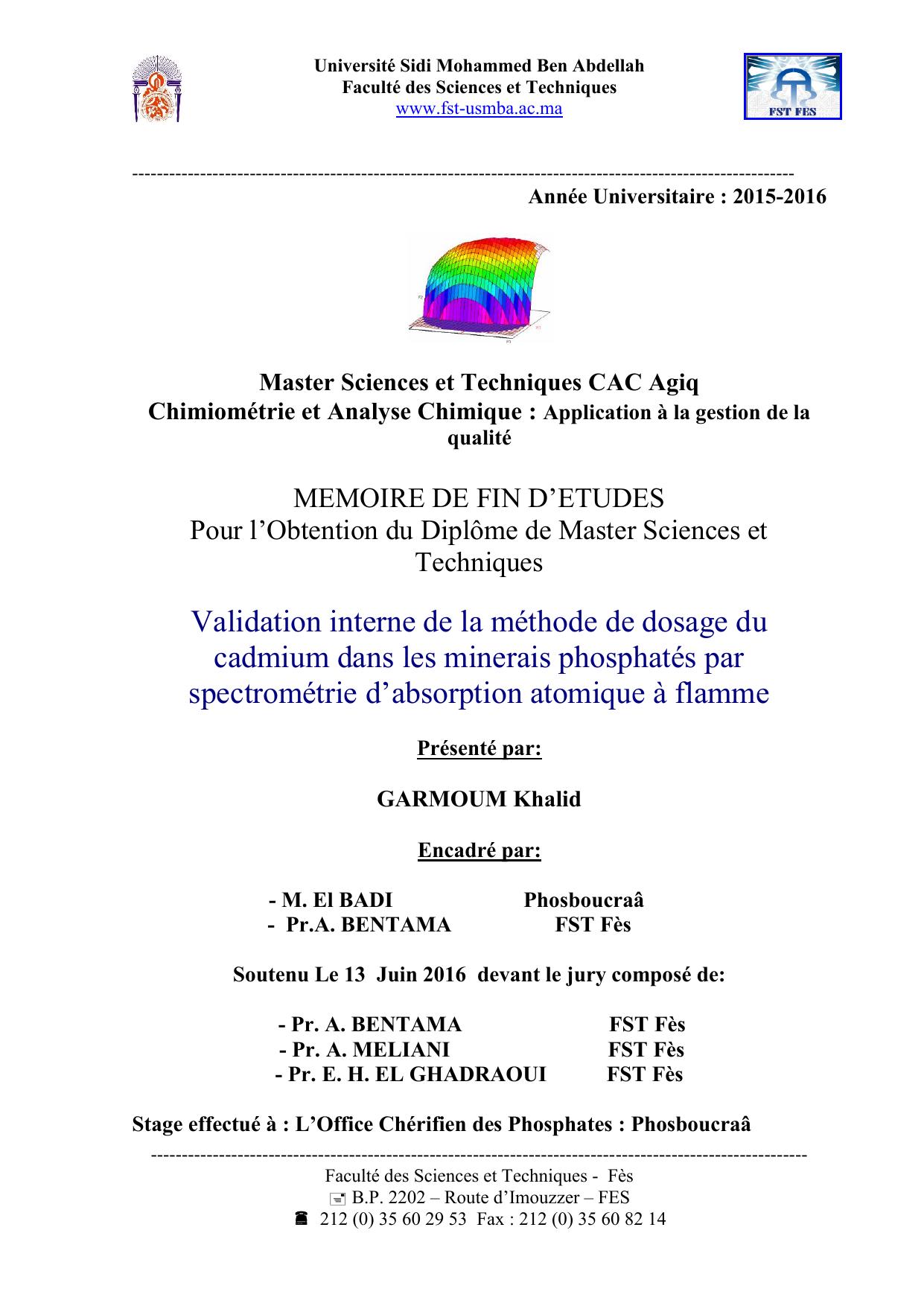 Validation interne de la méthode de dosage du cadmium dans les minerais phosphatés par spectrométrie d’absorption atomique à flamme