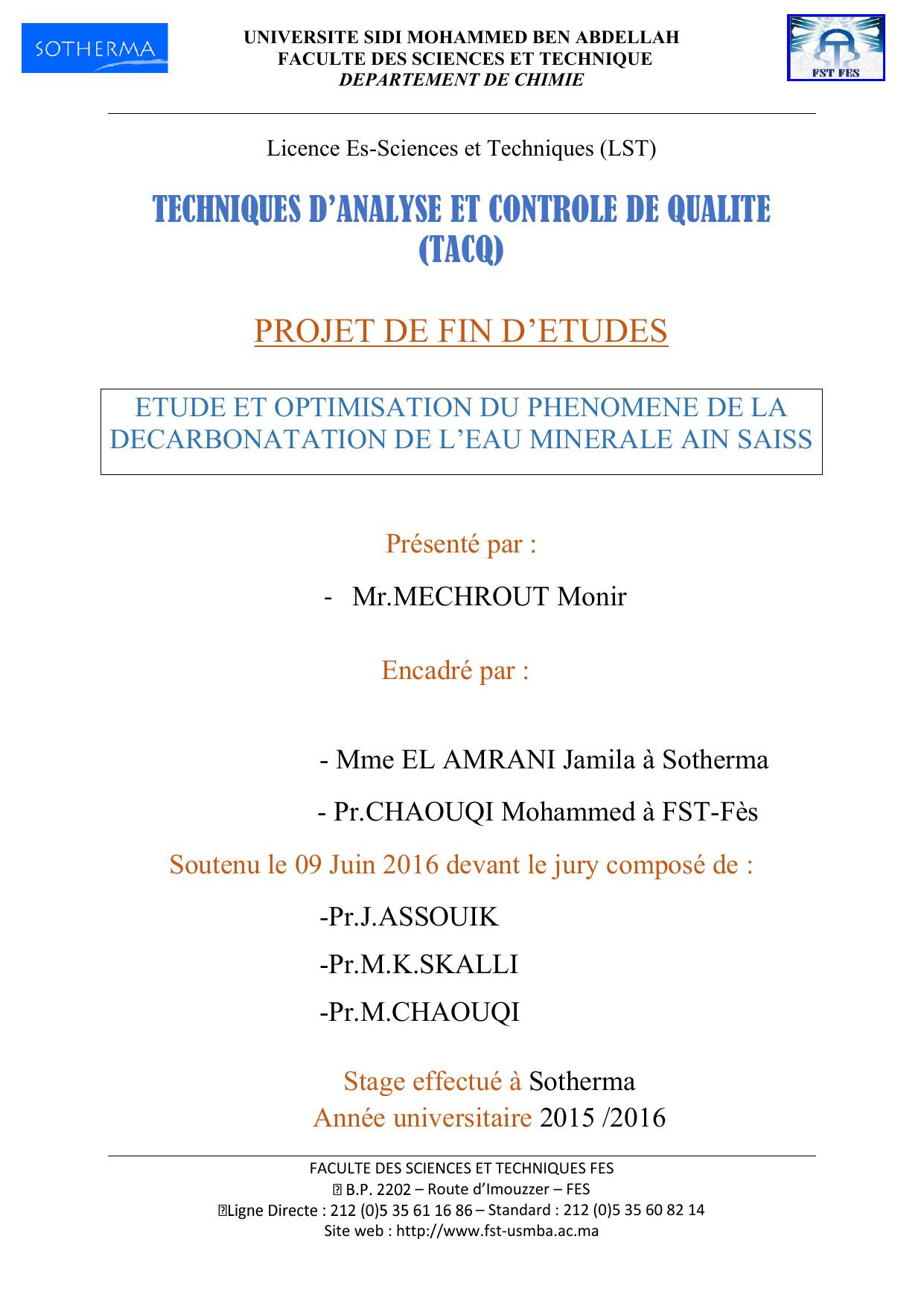 Etude et optimisation du phénomène de la décarbonatation de l'eau minérale Ain Saiss