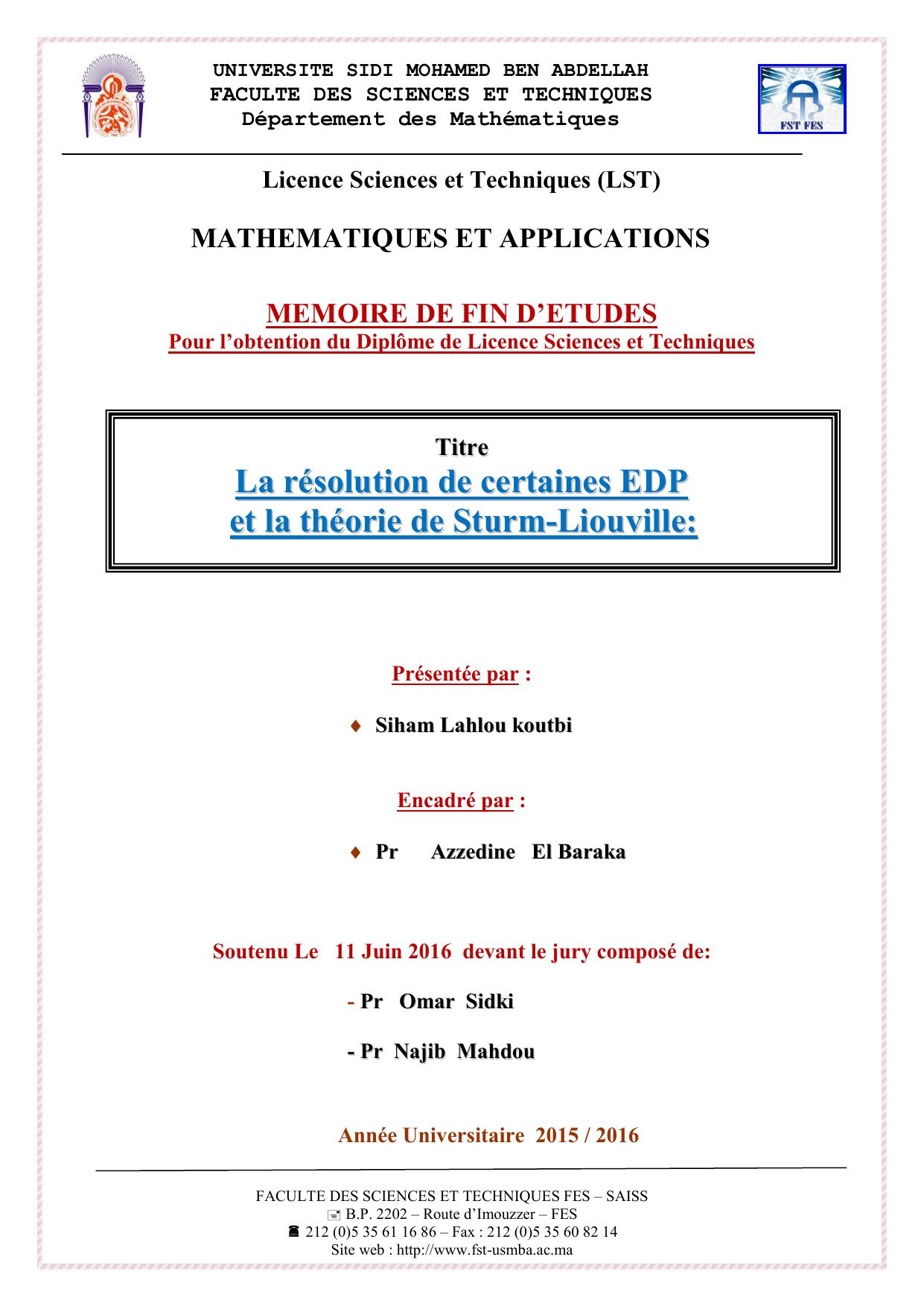 La résolution de certaines EDP et la théorie de Sturm-Liouville