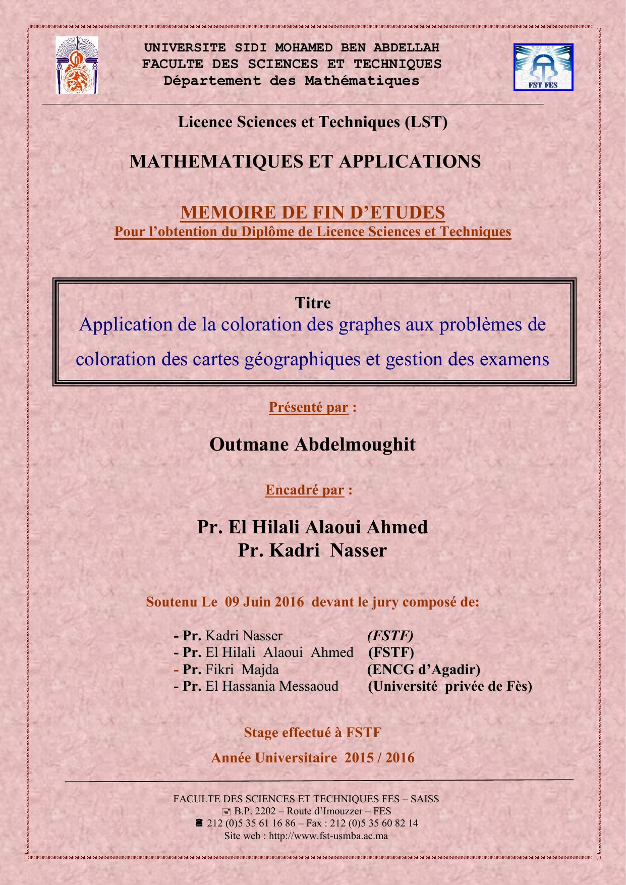 Application de la coloration des graphes aux problèmes de coloration des cartes géographiques et gestion des examens