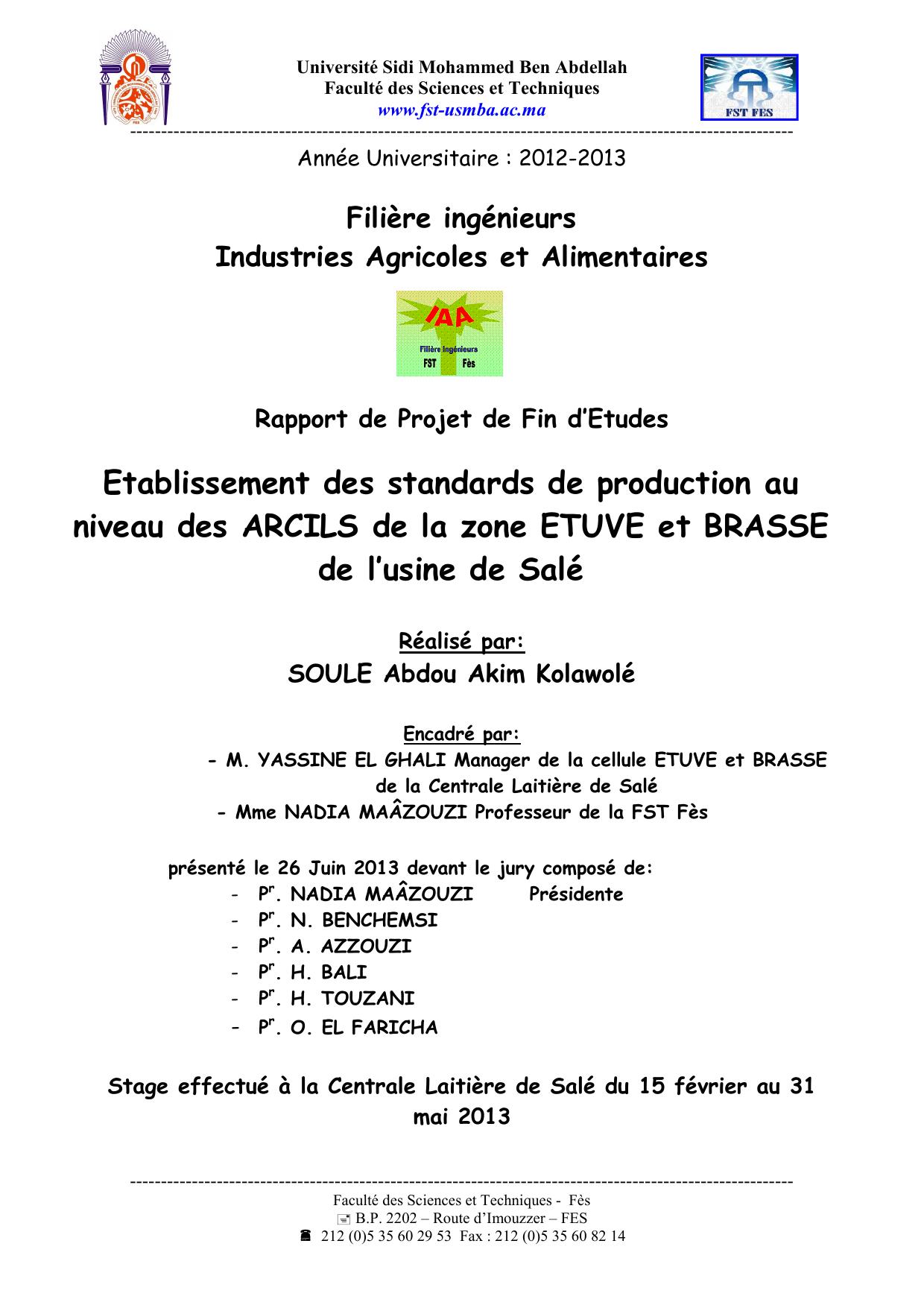 Etablissement des standards de production au niveau des ARCILS de la zone ETUVE et BRASSE de l’usine de Salé