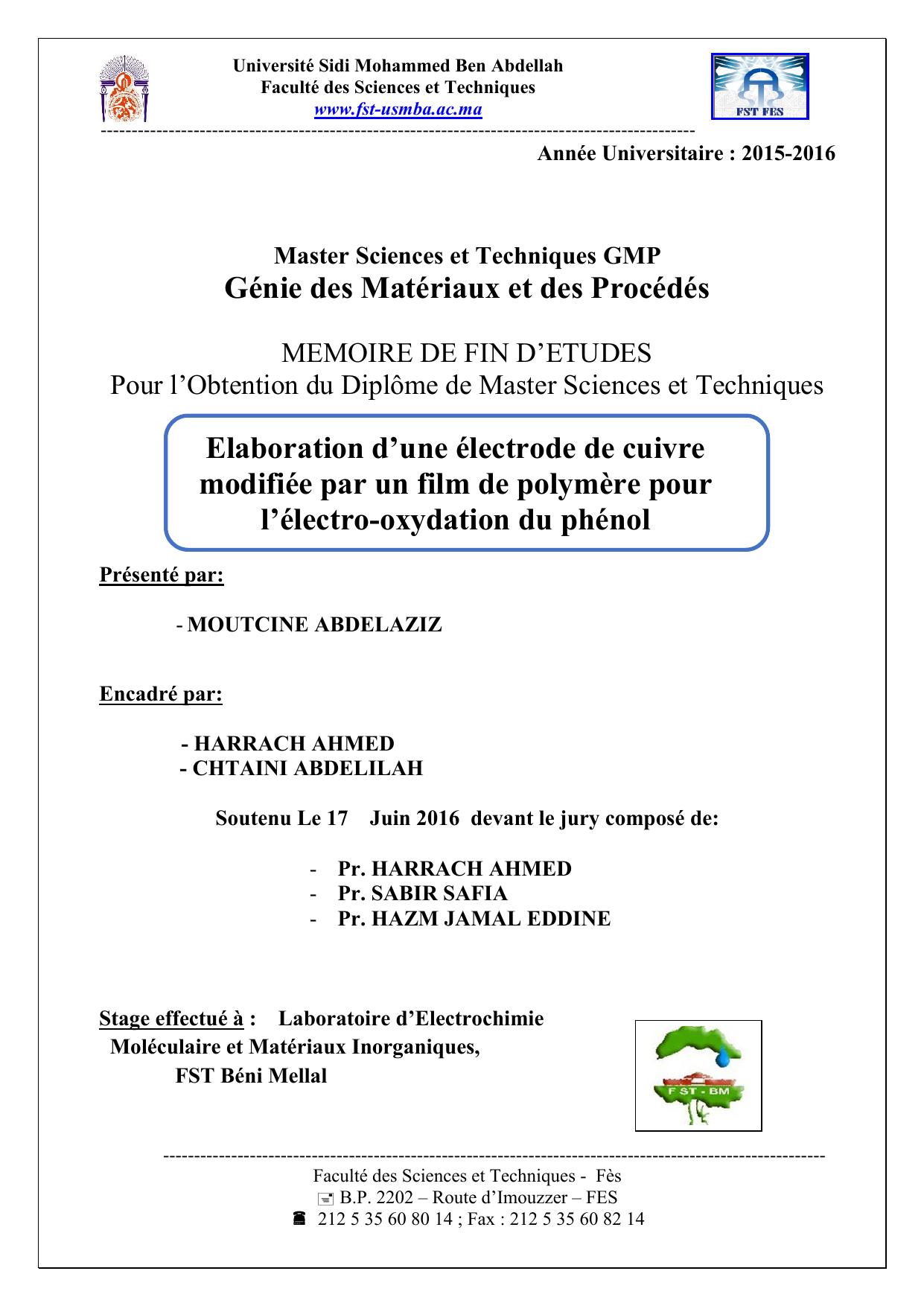 Elaboration d’une électrode de cuivre modifiée par un film de polymère pour l’électro-oxydation du phénol