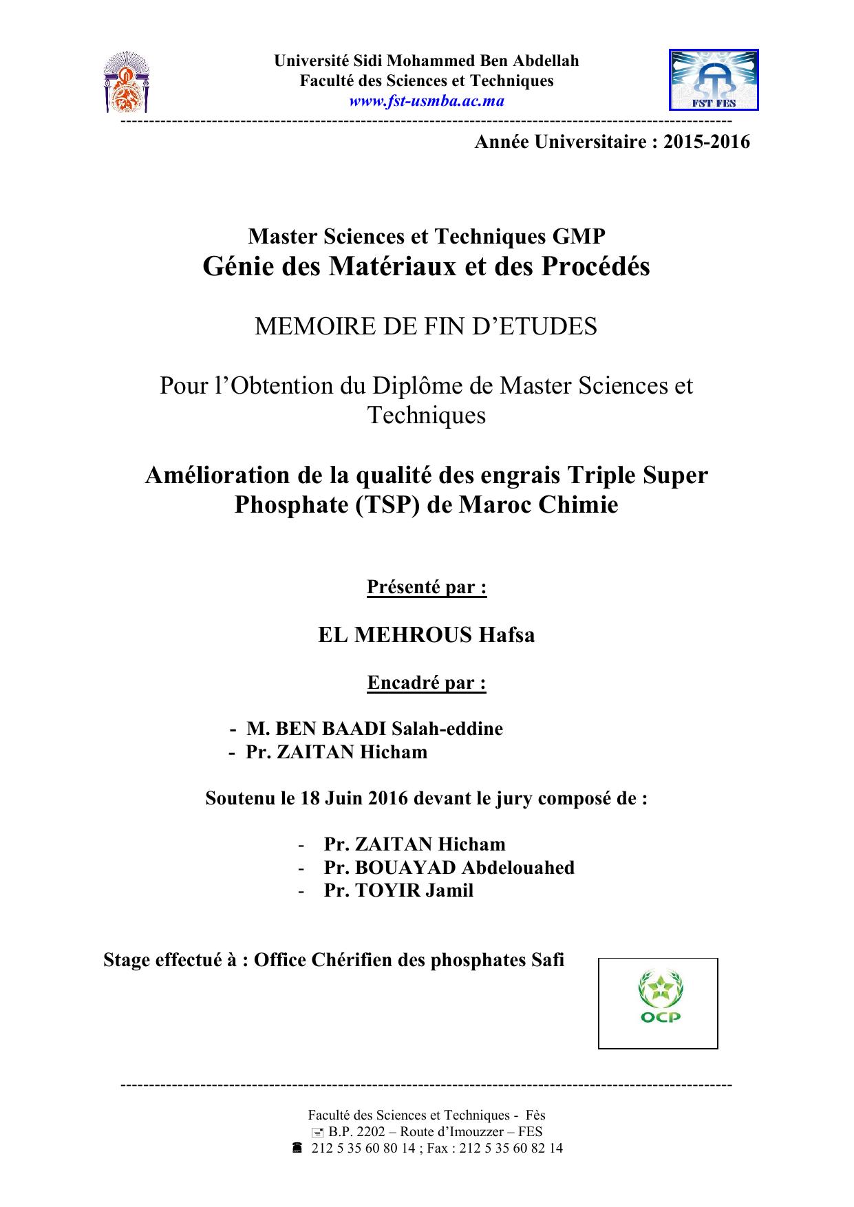 Amélioration de la qualité des engrais Triple Super Phosphate (TSP) de Maroc Chimie