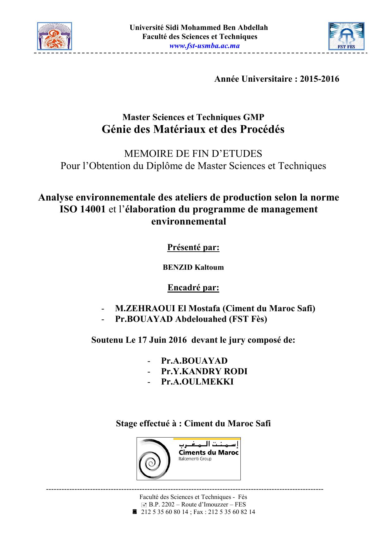 Analyse environnementale des ateliers de production selon la norme ISO 14001 et l’élaboration du programme de management environnemental