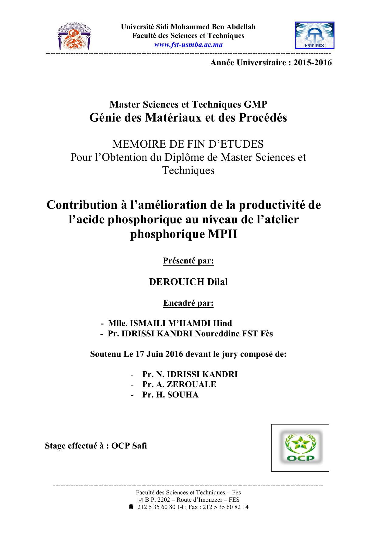 Contribution à l’amélioration de la productivité de l’acide phosphorique au niveau de l’atelier phosphorique MPII