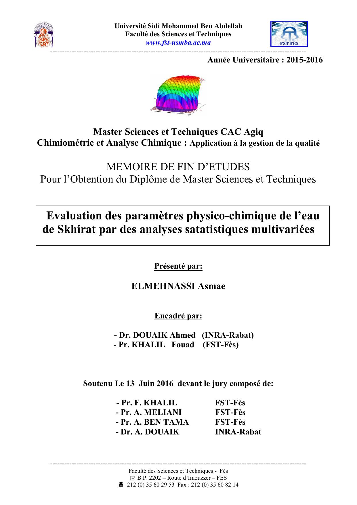 Evaluation des paramètres physico-chimique de l’eau de Skhirat par des analyses satatistiques multivariées