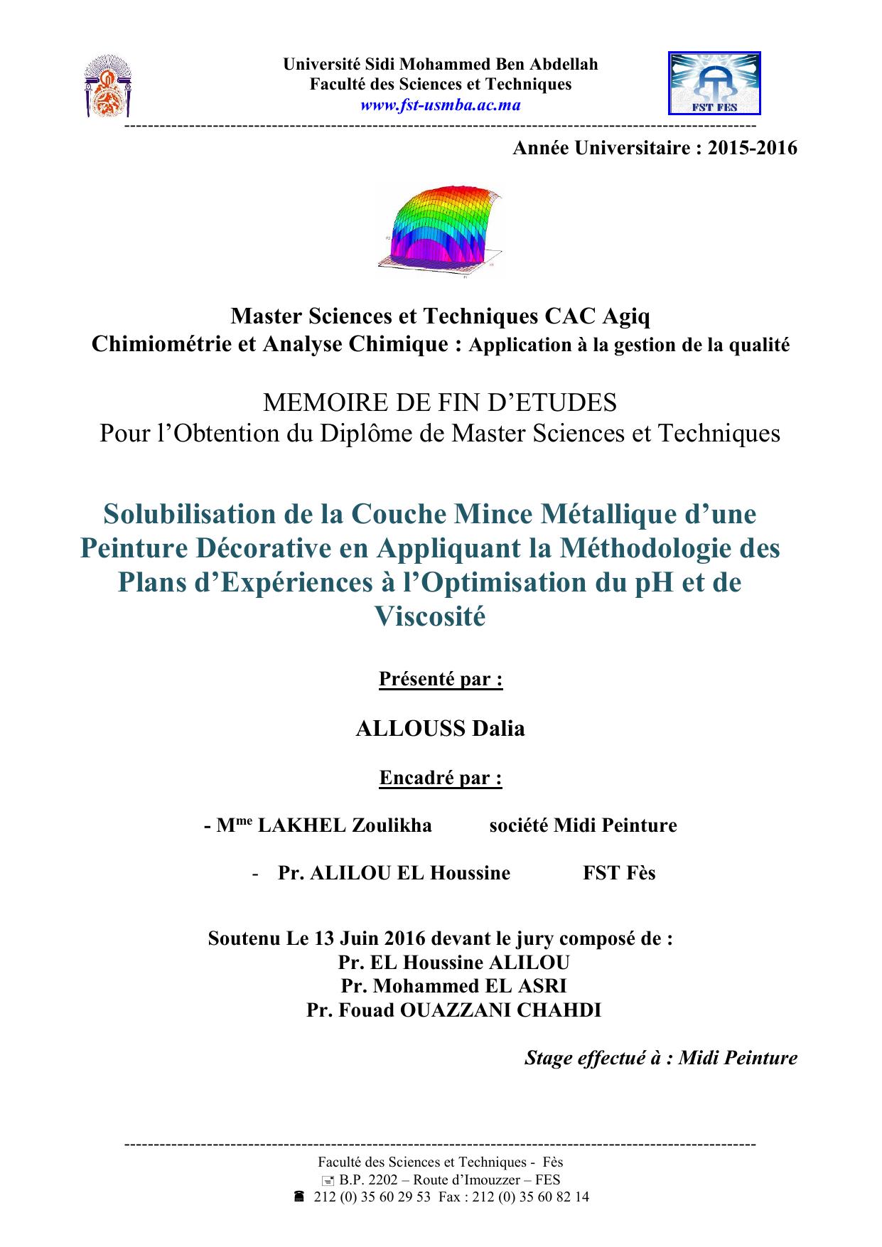 Solubilisation de la Couche Mince Métallique d’une Peinture Décorative en Appliquant la Méthodologie des Plans d’Expériences à l’Optimisation du pH et de Viscosité