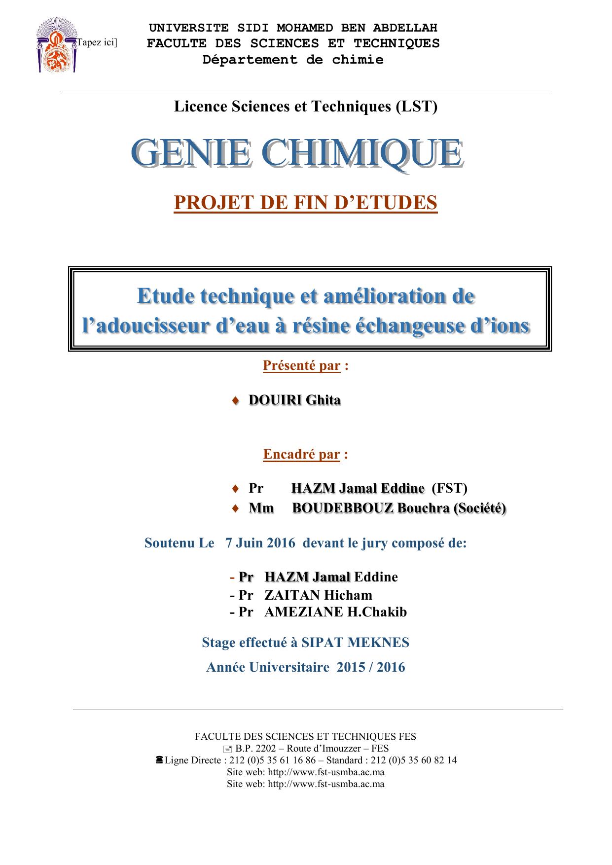 Etude technique et amélioration de l’adoucisseur d’eau à résine échangeuse d’ions