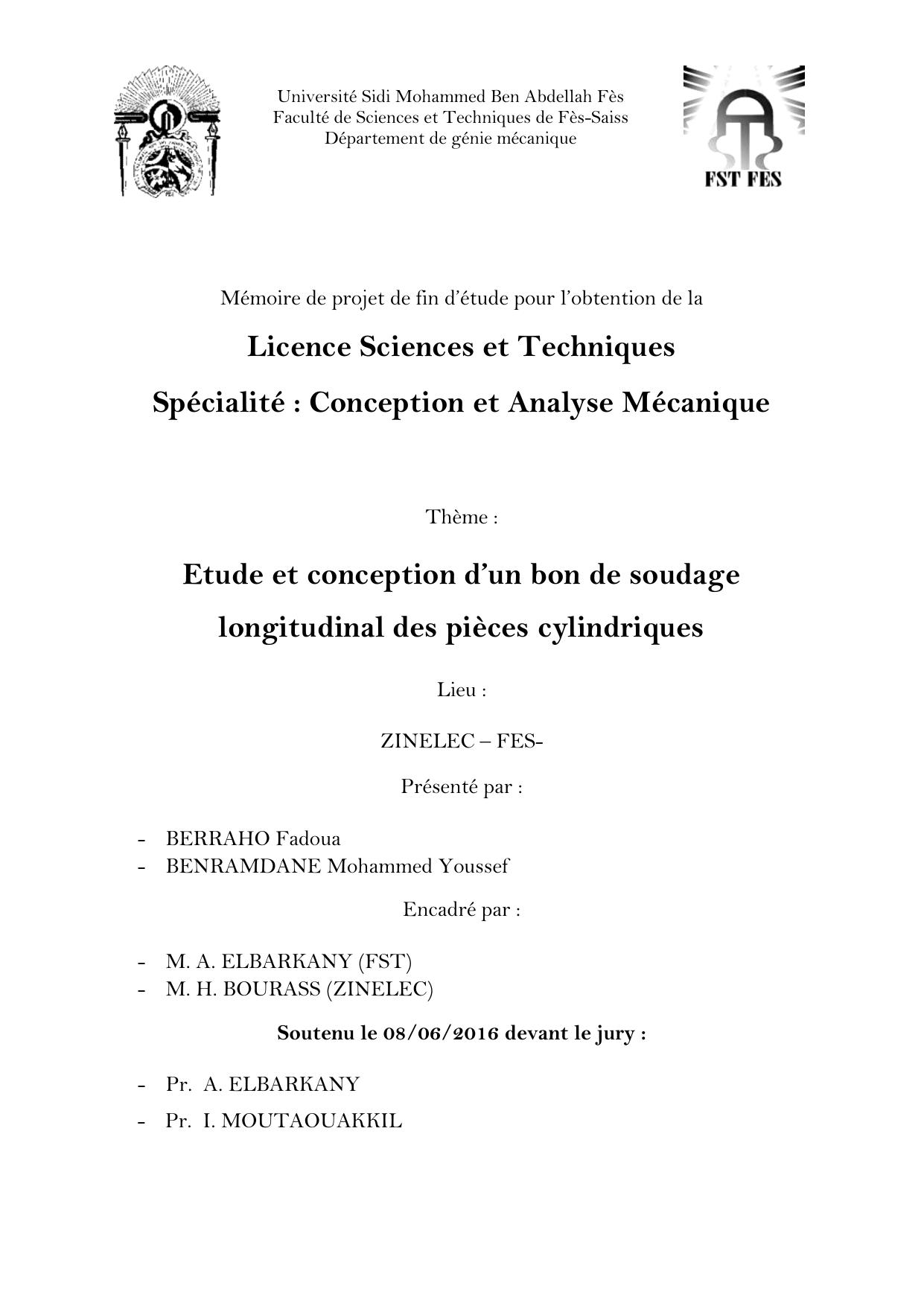 Etude et conception d’un bon de soudage longitudinal des pièces cylindriques