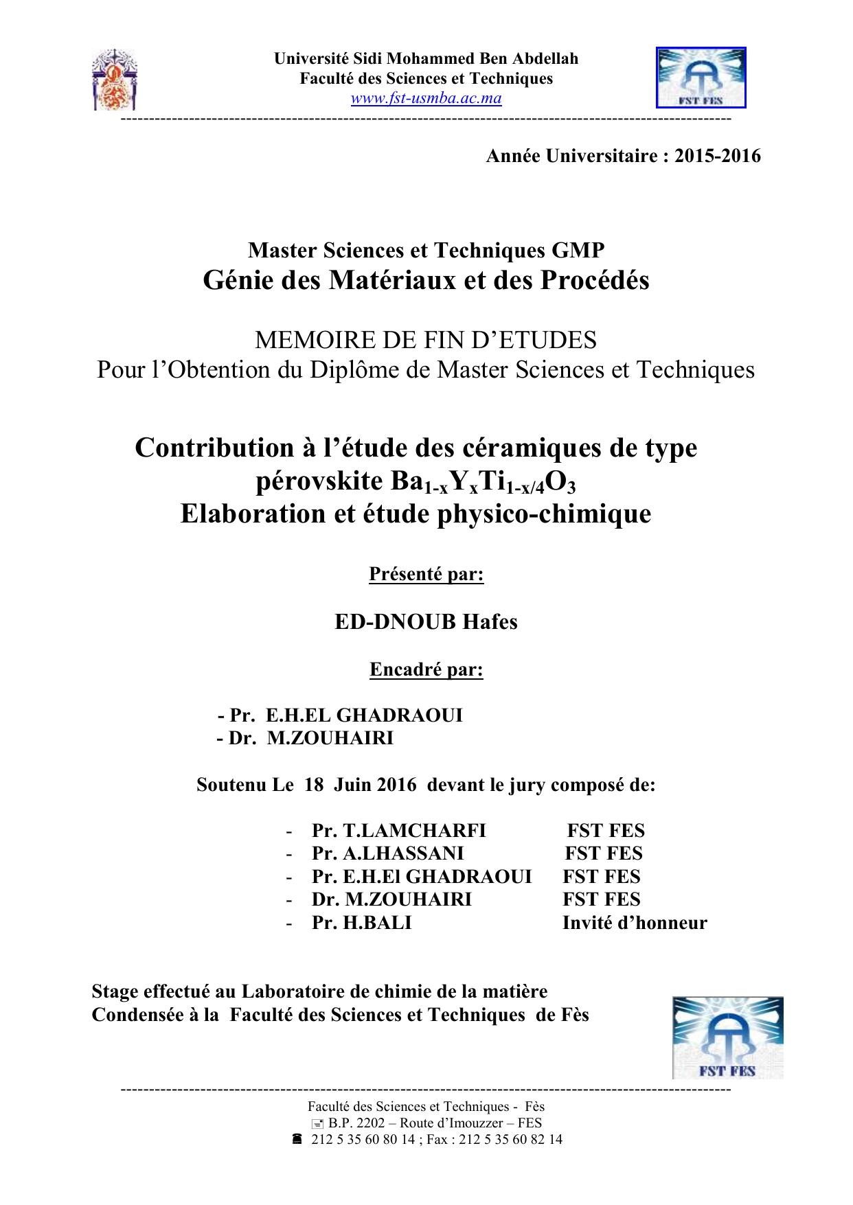 Contribution à l’étude des céramiques de type pérovskite Ba1-xYxTi1-x/4O3 Elaboration et étude physico-chimique