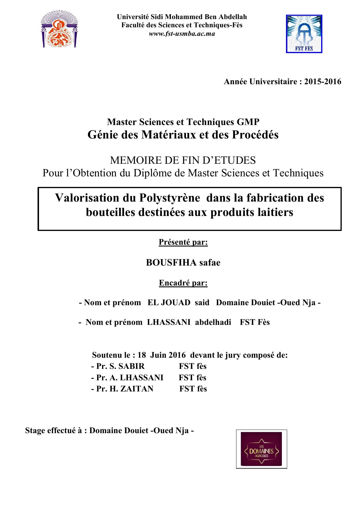 Valorisation du Polystyrène dans la fabrication des bouteilles destinées aux produits laitiers