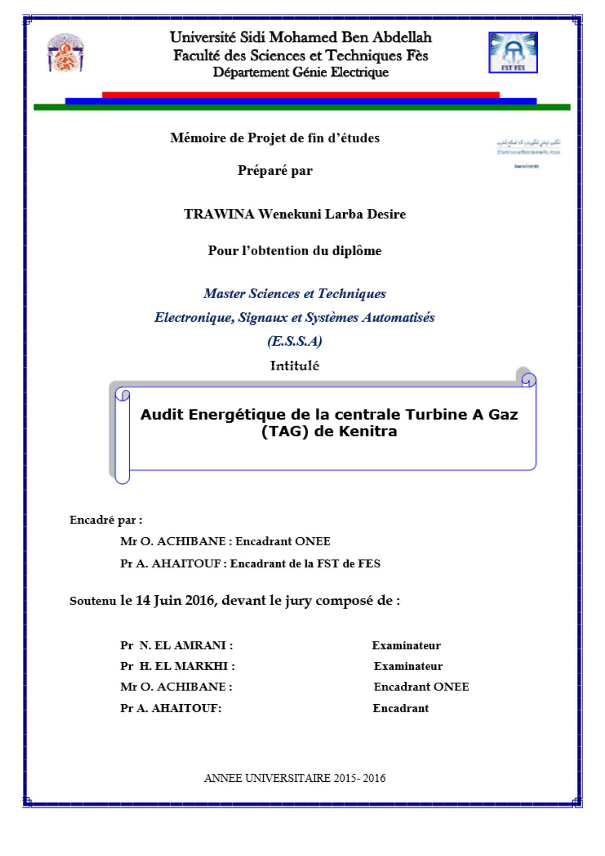 Audit énergétique de la centrale turbine à gaz (TAG) de Kénitra