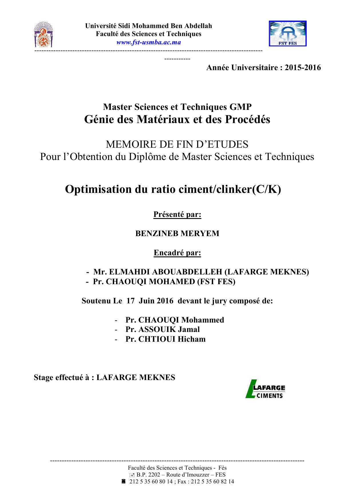 Optimisation du ratio ciment/clinker(C/K)