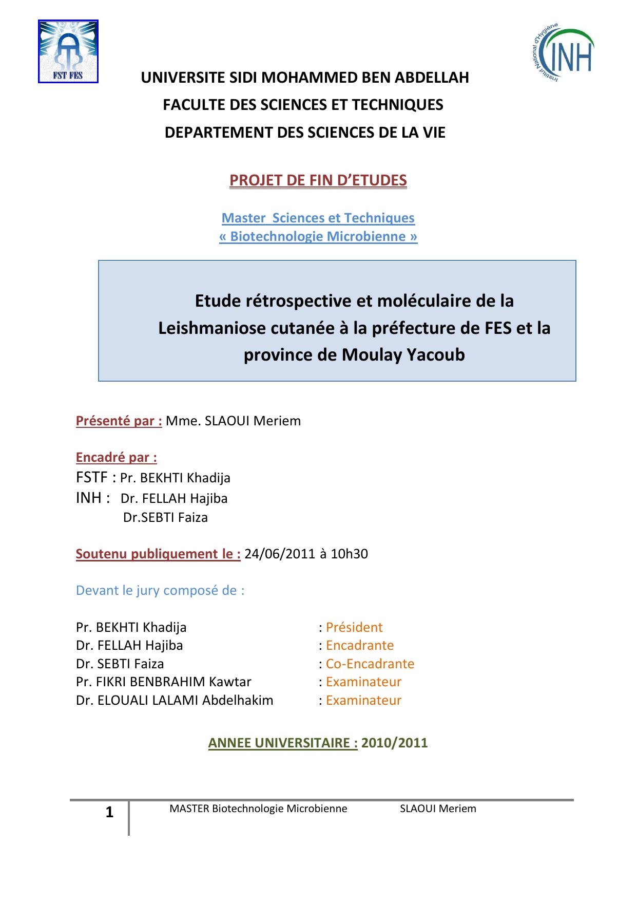 Etude rétrospective et moléculaire de la Leishmaniose cutanée à la préfecture de FES et la province de Moulay Yacoub