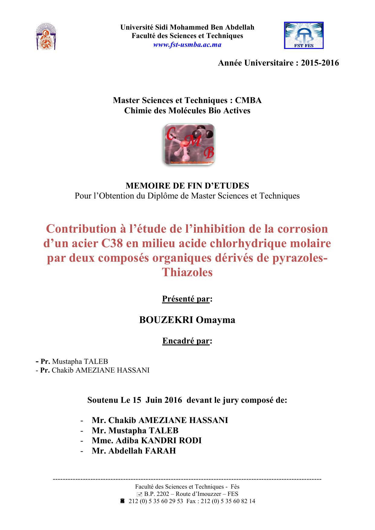 Contribution à l’étude de l’inhibition de la corrosion d’un acier C38 en milieu acide chlorhydrique molaire par deux composés organiques dérivés de pyrazoles- Thiazoles