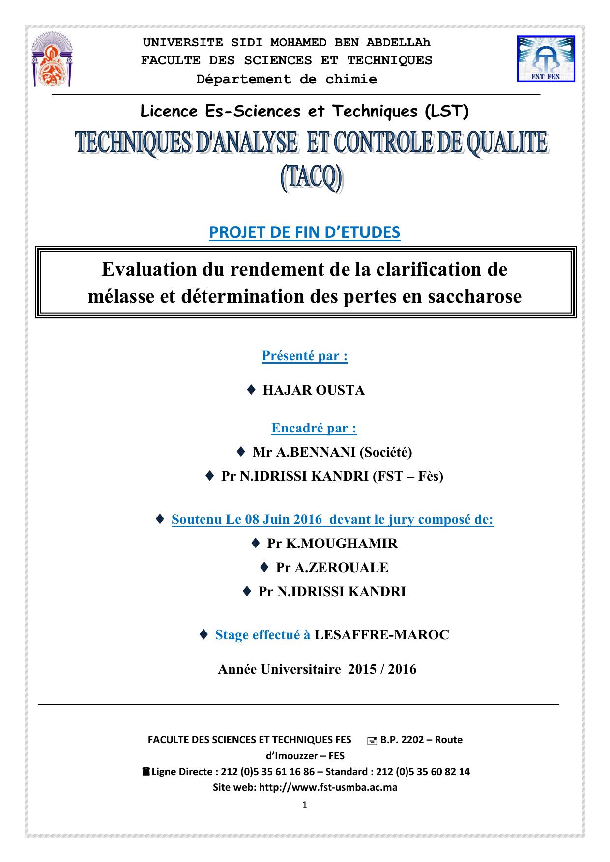 Evaluation du rendement de la clarification de mélasse et détermination des pertes en saccharose