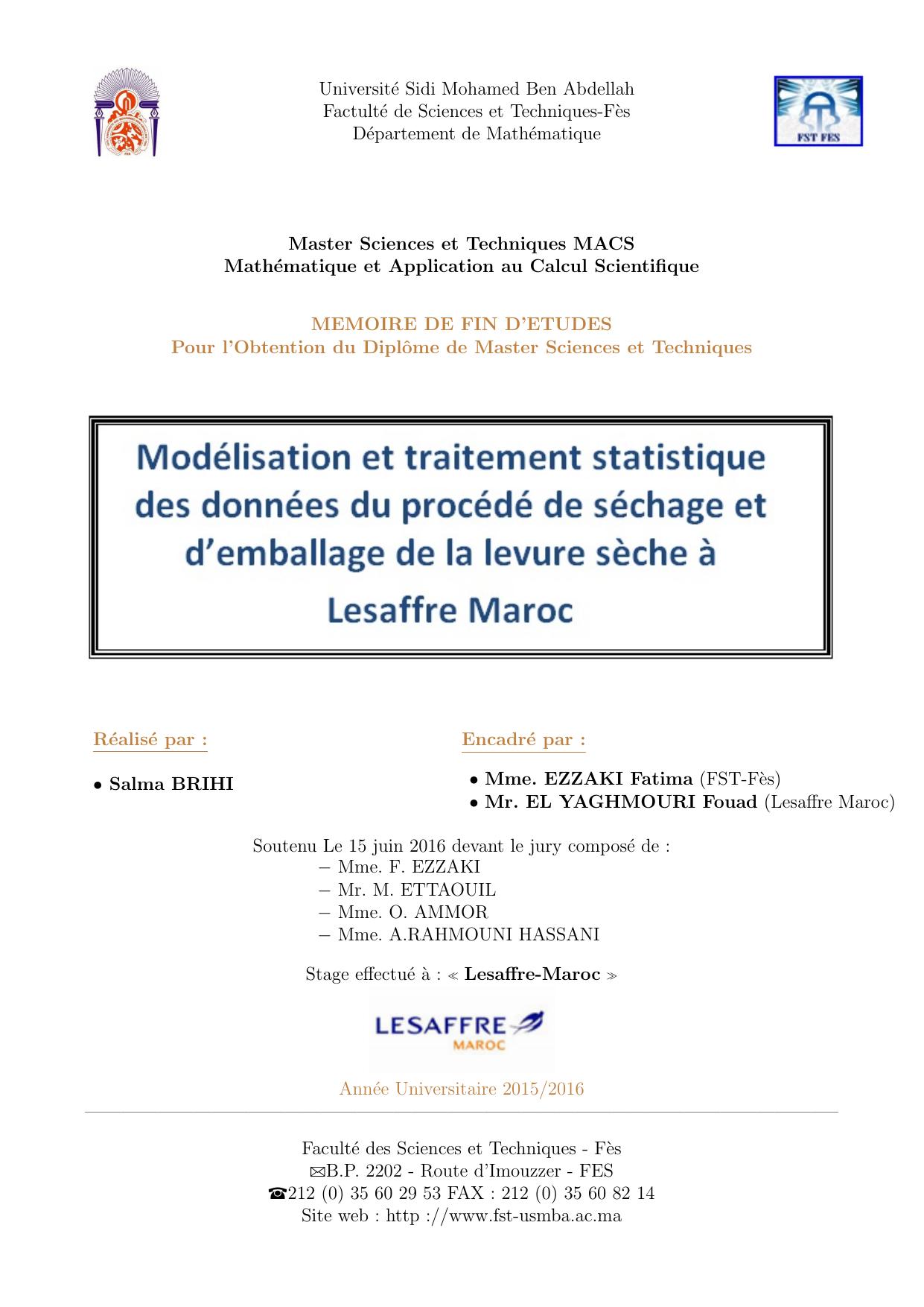 Modélisation et traitement statistique des données du péocédé de séchage et d'emballage de levure sèche à Lesaffre Maroc