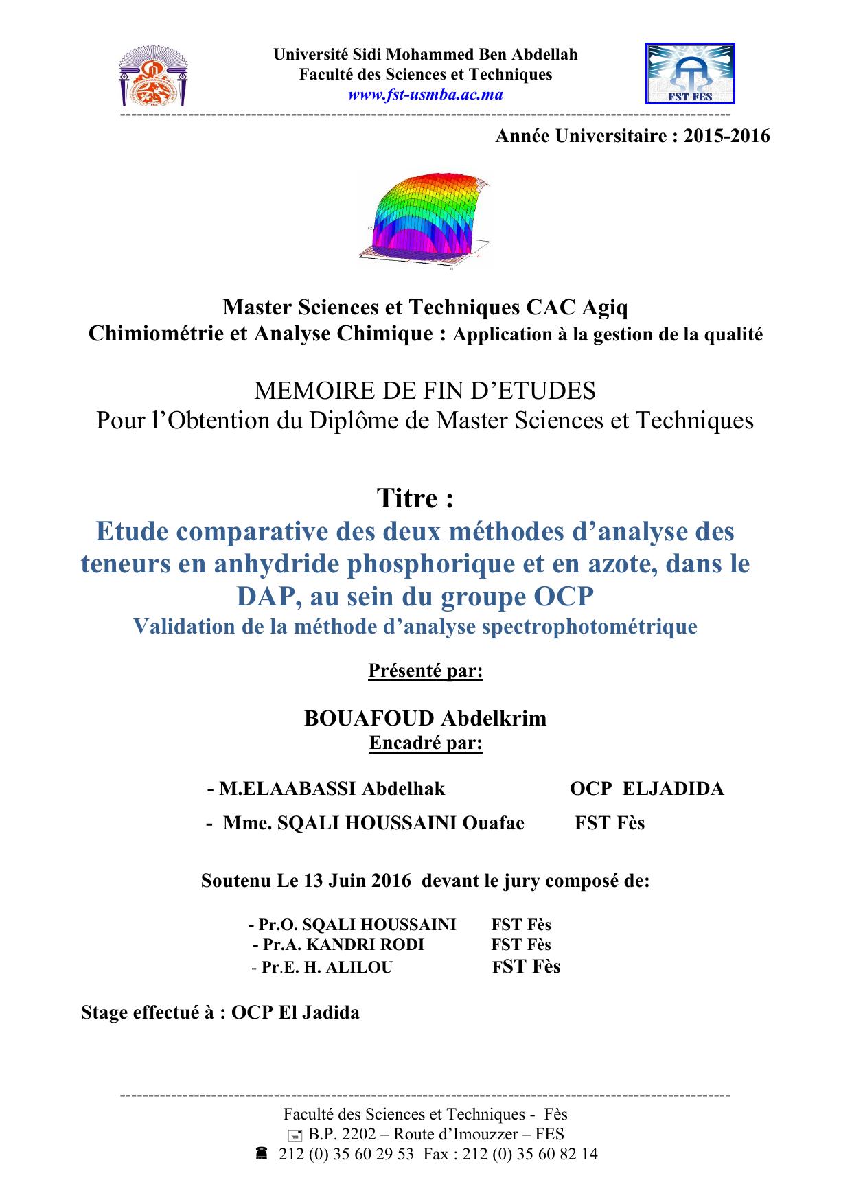 Etude comparative des deux méthodes d’analyse des teneurs en anhydride phosphorique et en azote, dans le DAP, au sein du groupe OCP Validation de la méthode d’analyse spectrophotométrique