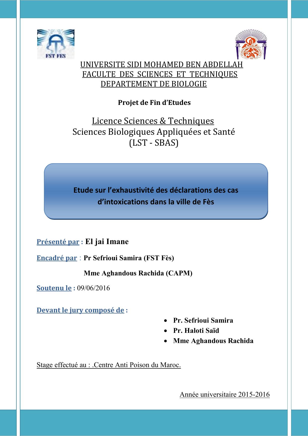 Etude sur l’exhaustivité des déclarations des cas d’intoxications dans la ville de Fès