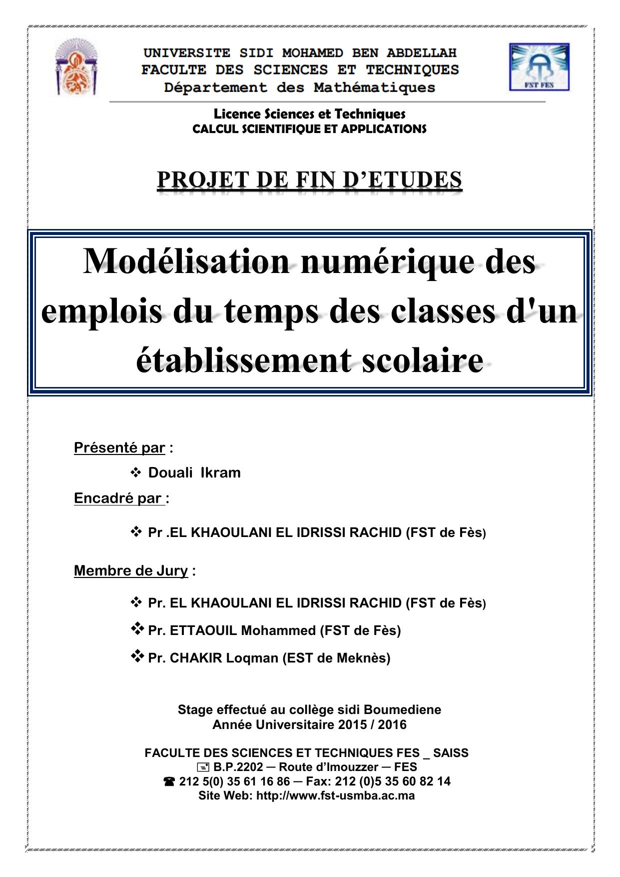 Modélisation numérique des emplois du temps des classes d'un établissement scolaire