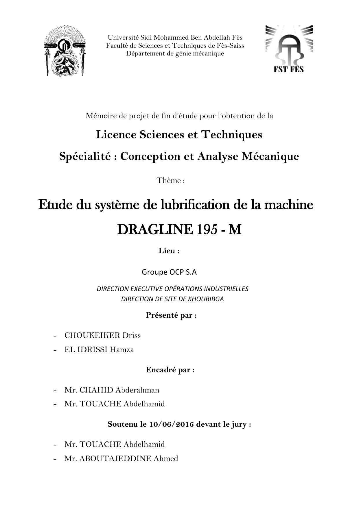 Etude du système de lubrification de la machine DRAGLINE 195 - M