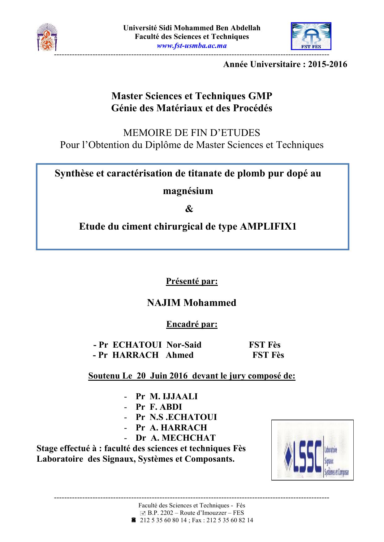 Synthèse et caractérisation de titanate de plomb pur dopé au magnésium et Etude du ciment chirurgical de type AMPLIFIX1