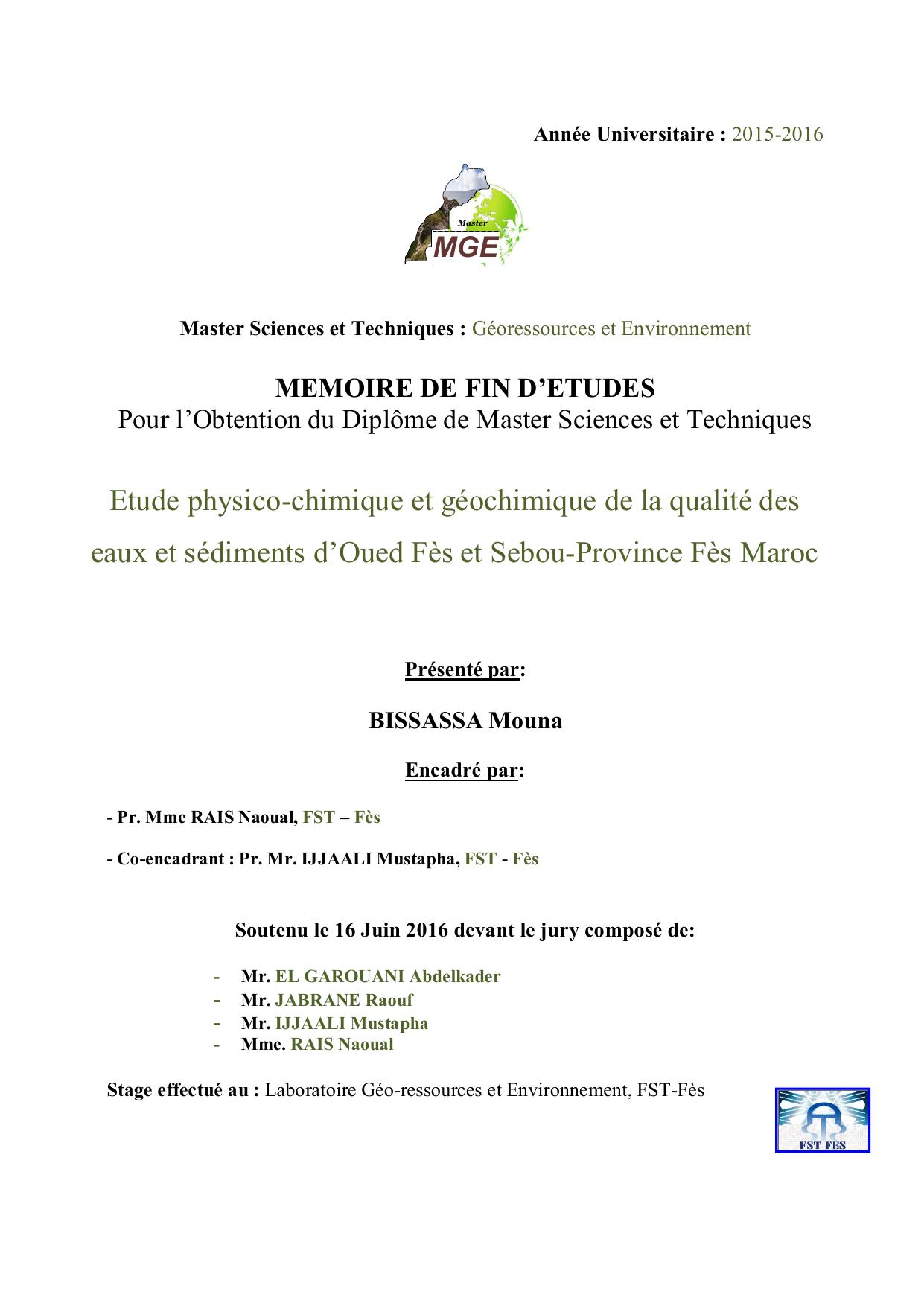 Etude physico-chimique et géochimique de la qualité des eaux et sédiments d’Oued Fès et Sebou-Province Fès Maroc