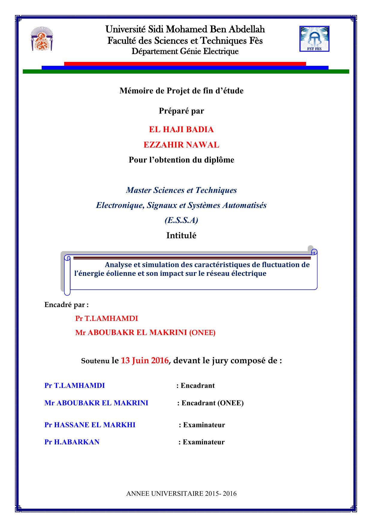 Analyse et simulation des caractéristiques de fluctuation de l’énergie éolienne et son impact sur le réseau électrique