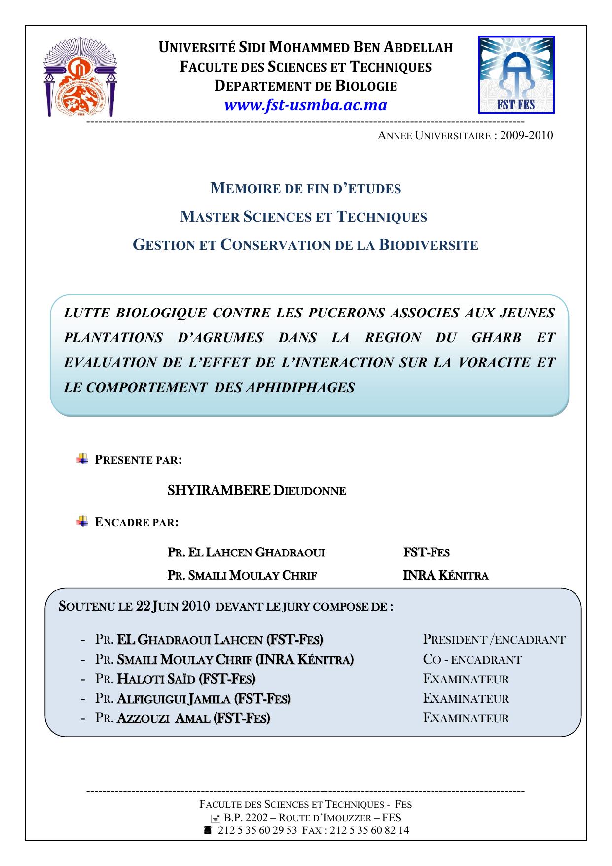 Lutte biologique contre les pucerons associés aux jeunes plantation d'agrumes dans la région du Gharb et évaluation de l'effet de l'interaction sur la voracité et le comportement des aphidiphages