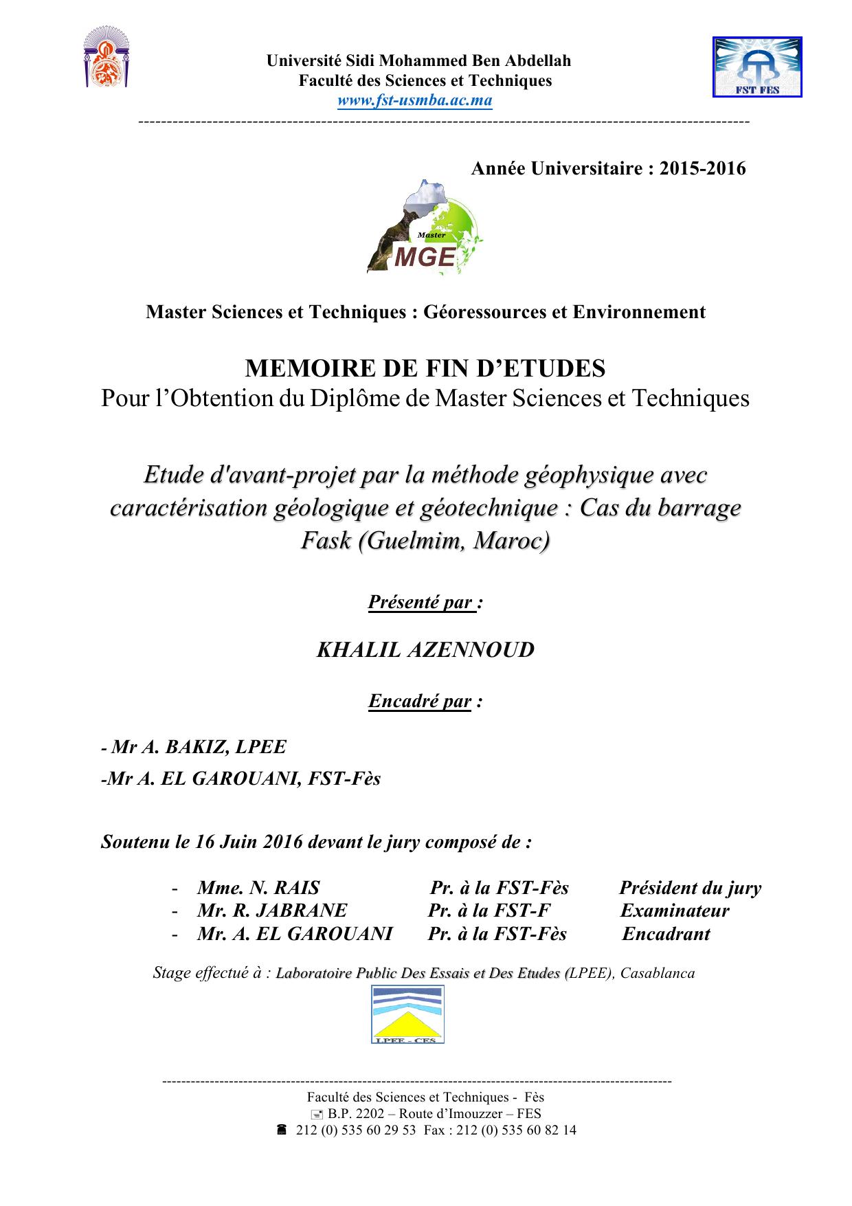 Etude d'avant-projet par la méthode géophysique avec caractérisation géologique et géotechnique : Cas du barrage Fask (Guelmim, Maroc)