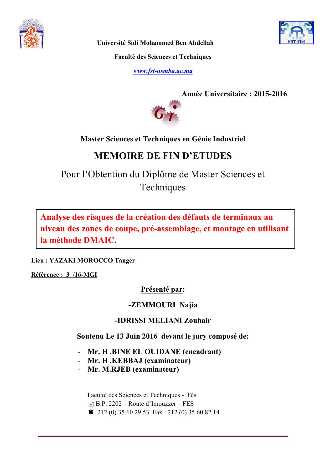 Analyse des risques de la création des défauts de terminaux au niveau des zones de coupe, pré-assemblage, et montage en utilisant la méthode DMAIC