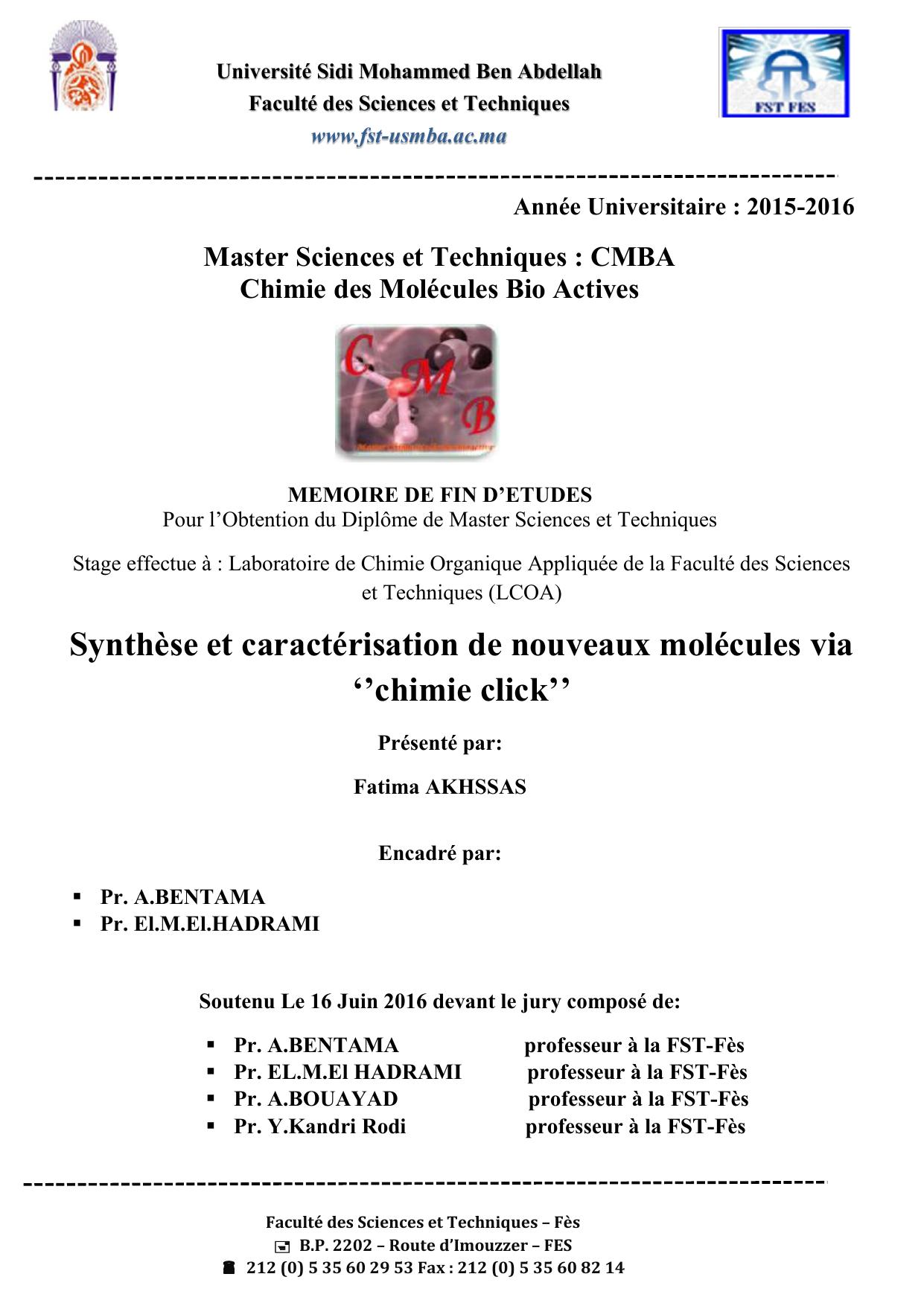 Synthèse et caractérisation de nouveaux molécules via ‘’chimie click’’