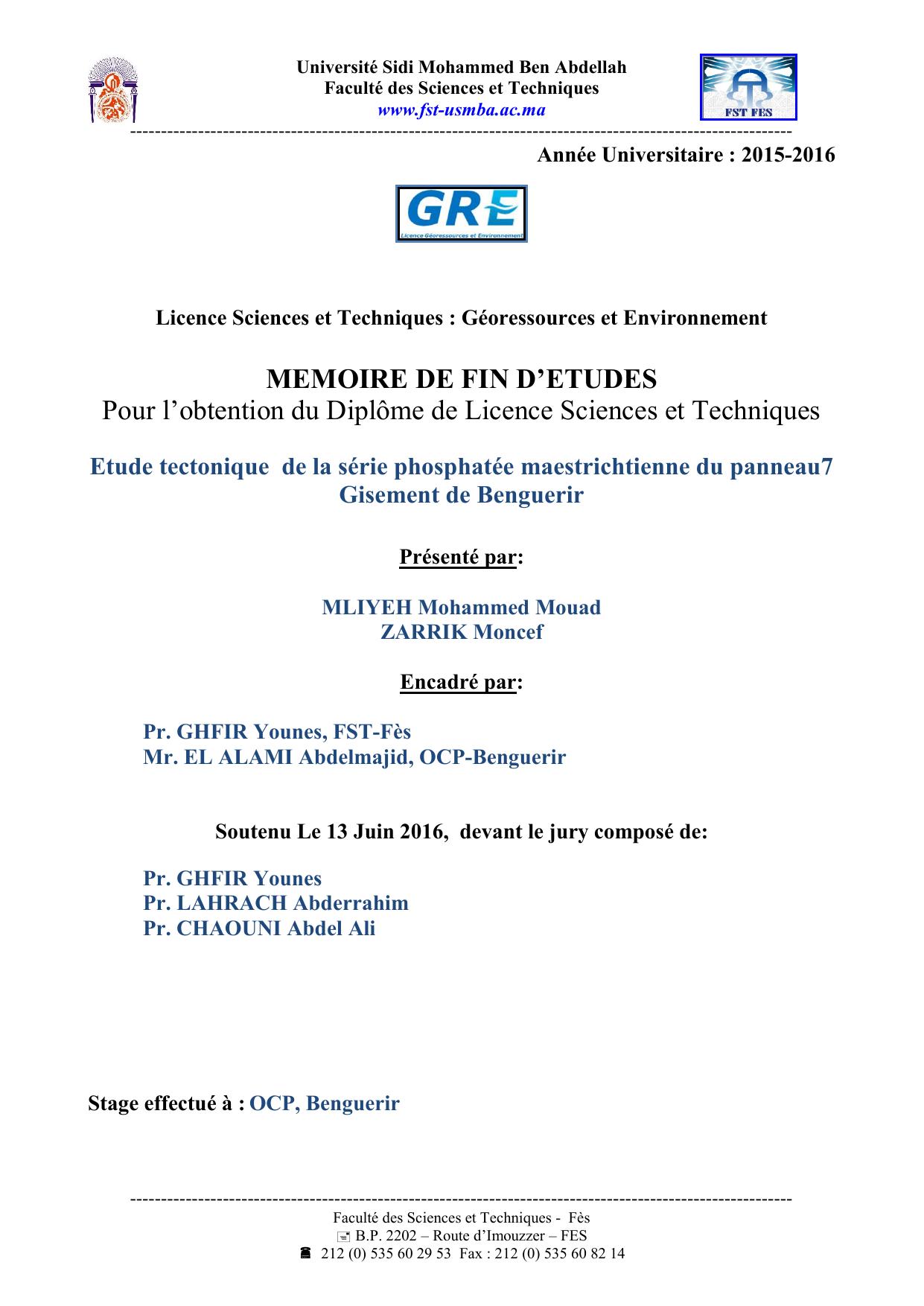 Etude tectonique de la série phosphatée maestrichtienne du panneau7 Gisement de Benguerir