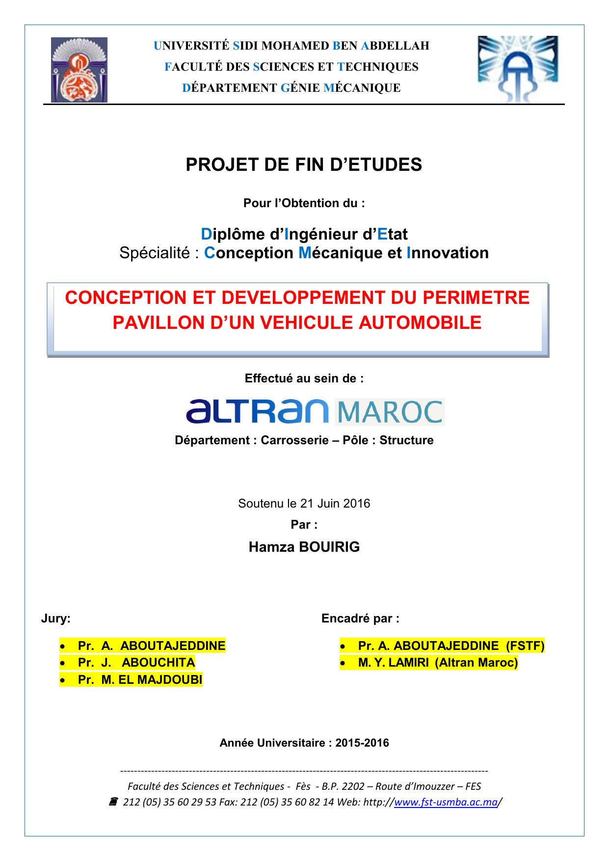 Conception et développement du périmètre Pavaillon d'un véhicule automobile