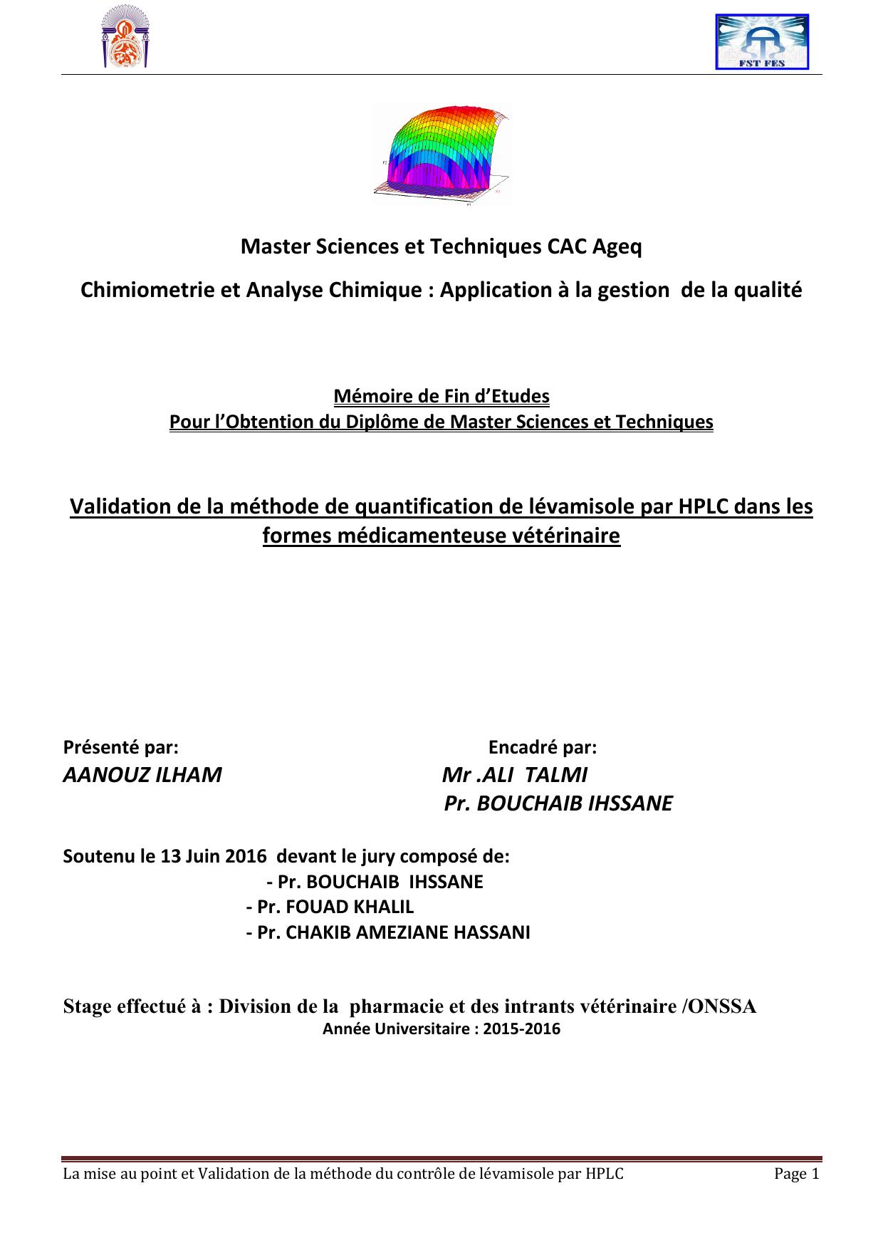 Validation de la méthode de quantification de lévamisole par HPLC dans les formes médicamenteuse vétérinaire