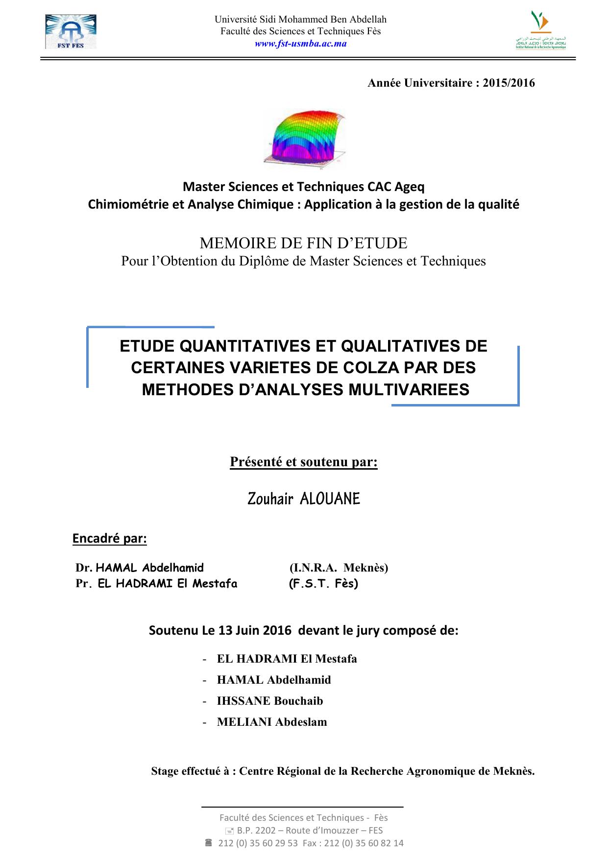 Etude Quantitatives et Qualitatives de Certaines Variétés De Colza Par Des Méthodes d’Analyses Multivariées