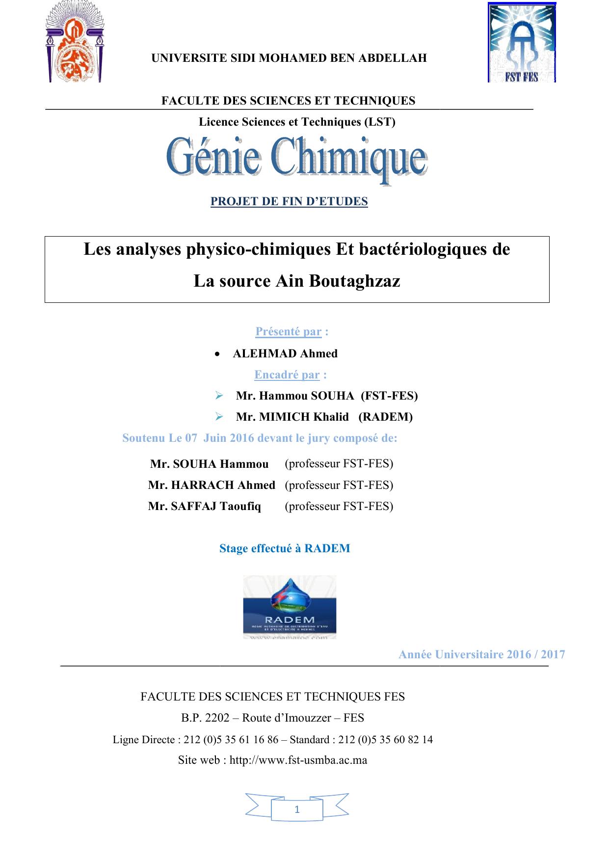 Les analyses physico-chimiques Et bactériologiques de La source Ain Boutaghzaz