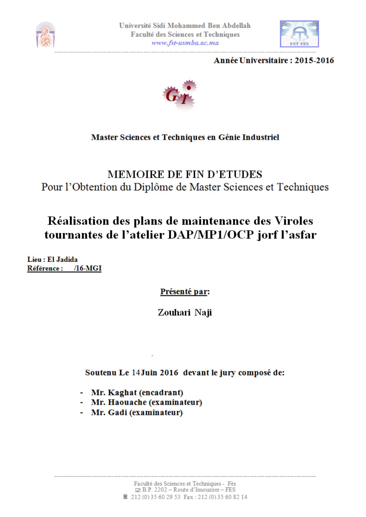 Réalisation des plans de maintenance des Viroles tournantes de l’atelier DAP/MP1/OCP jorf l’asfar