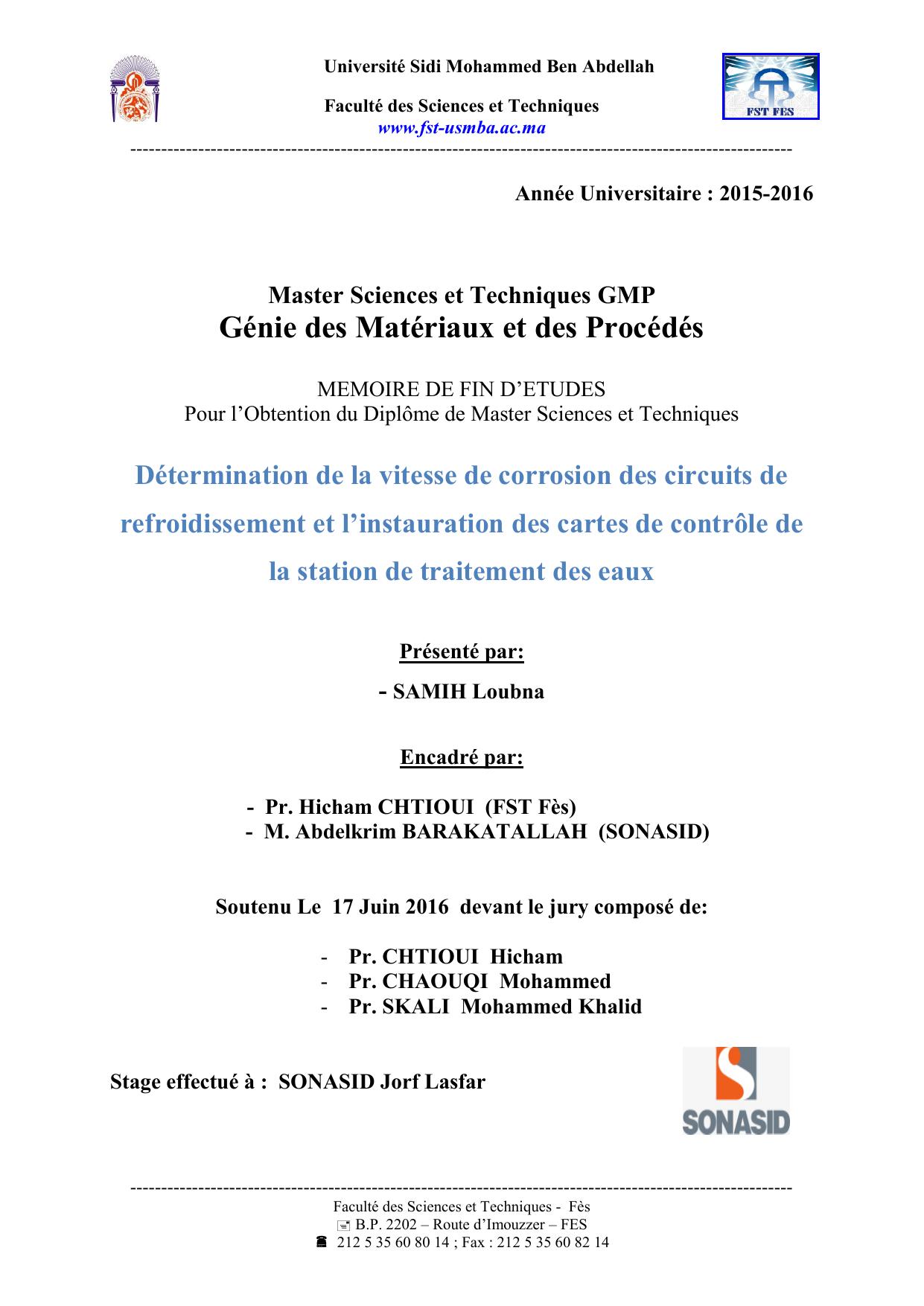 Détermination de la vitesse de corrosion des circuits de refroidissement et l’instauration des cartes de contrôle de la station de traitement des eaux