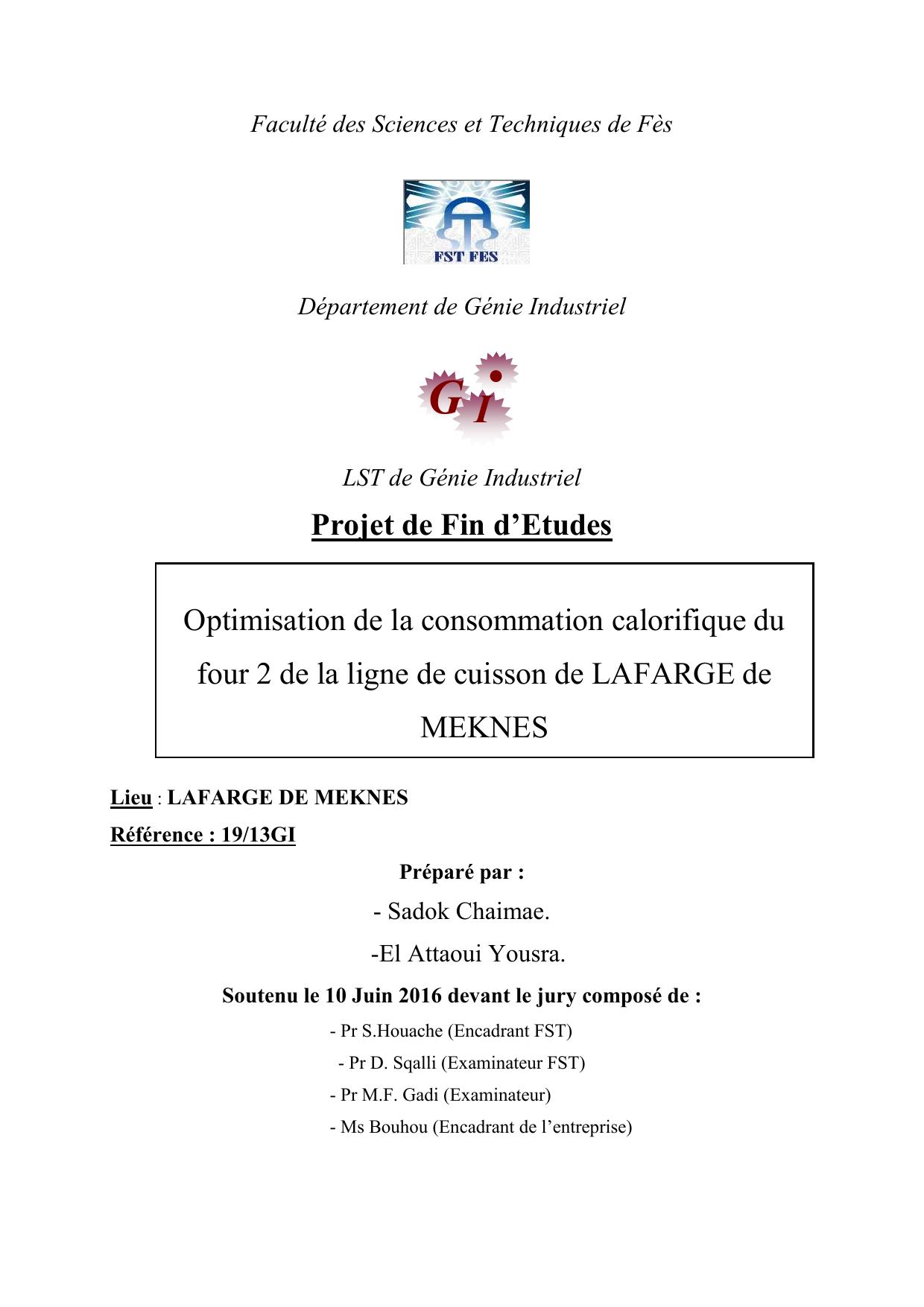 Optimisation de la consommation calorifique du four 2 de la ligne de cuisson de LAFARGE de MEKNES