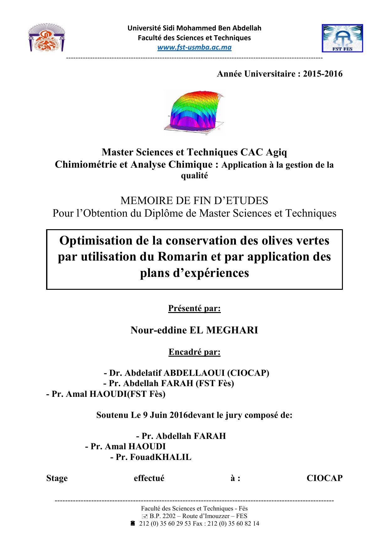 Optimisation de la conservation des olives vertes par utilisation du Romarin et par application des plans d’expériences