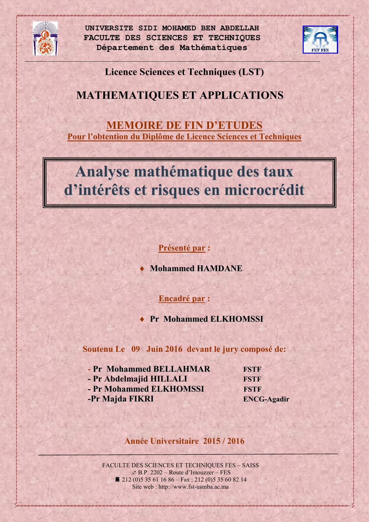 Analyse mathématique des taix d'intérêts et risques en microcrédit