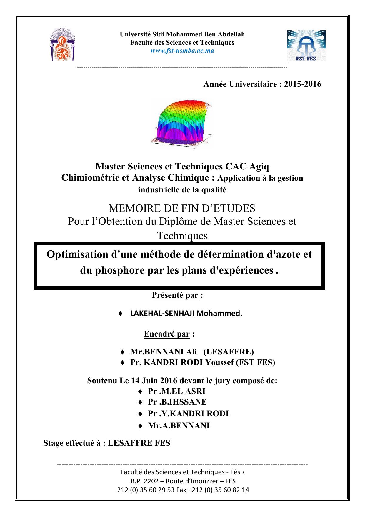 Optimisation d'une méthode de détermination d'azote et du phosphore par les plans d'expériences