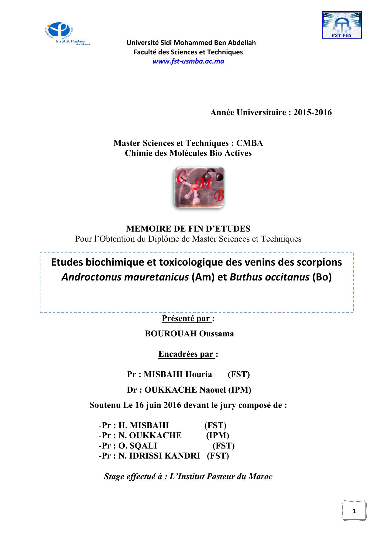 Etudes biochimique et toxicologique des venins des scorpions Androctonus mauretanicus (Am) et Buthus occitanus (Bo)