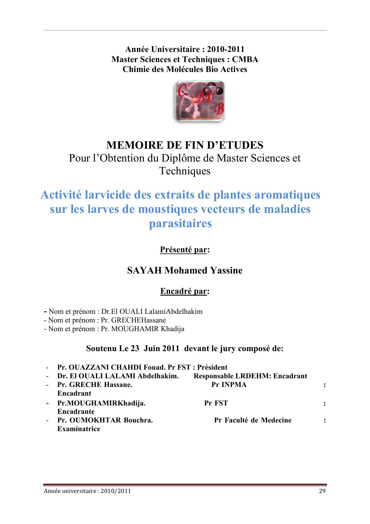 Activité larvicide des extraits de plantes aromatiques sur les larves de moustiques vecteurs de maladies parasitaires