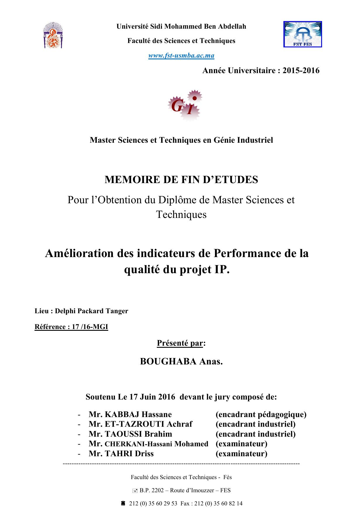 Amélioration des indicateurs de Performance de la qualité du projet IP