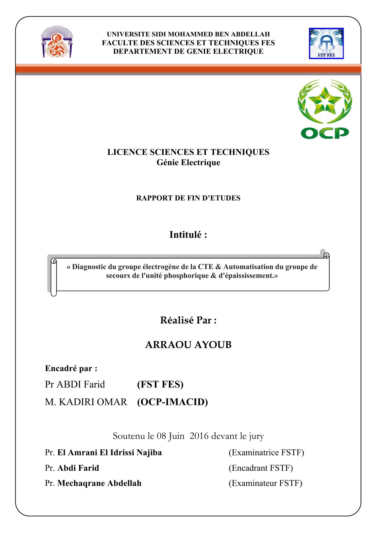 Diagnostic du groupe électrogène de la CTE & Automatisation du groupe de secours de l'unité phosphorique & d'épaississement